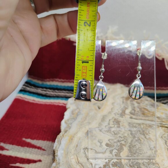 Native Navajo Signed AK Sterling Silver Inlay Opal Dangle Earrings Colorful Irid - Picture 4 of 6